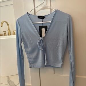 PrettyLittleThing Blue Fitted Tie Front Blouse